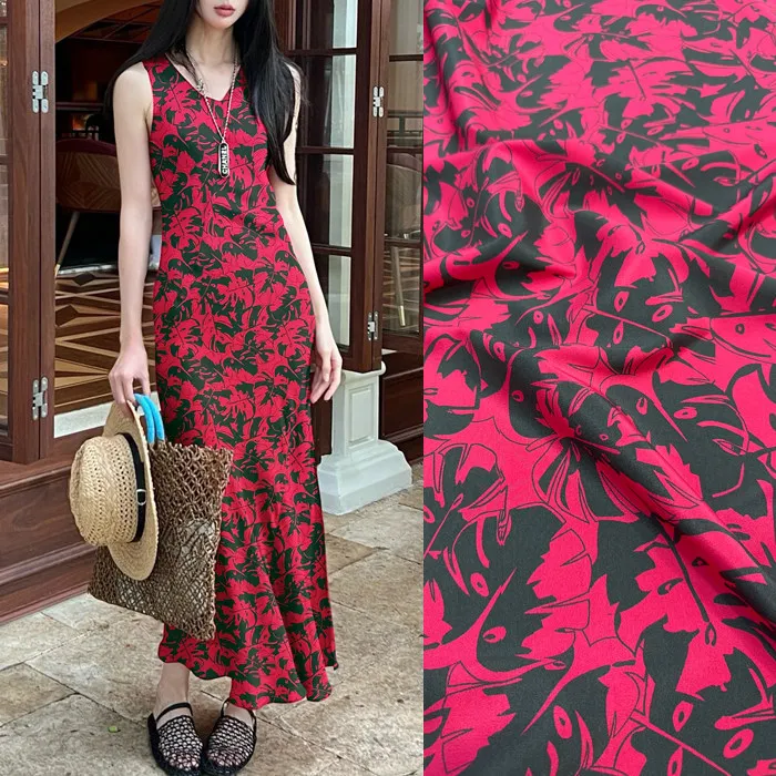 Black Base Red Floral Print Silk Stretch Crepe De Chine Fabric Mulberry Silk Material For Dresses 140cm Wide Blouse