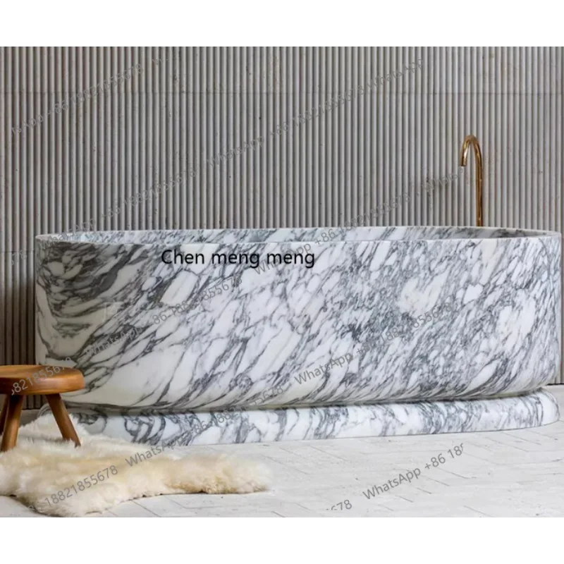 With White Acrylic for Hotels and Villas Modern Large Oval Marble Bathtub Natural Stone Freestanding Bath