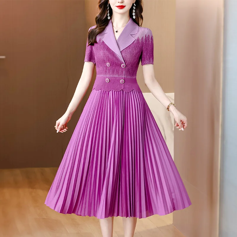 2024 Summer New Three Mansion Pleated Suit Collar Short Sleeve Dress Elastic Loose Large Size Slim Knee Length Skirt