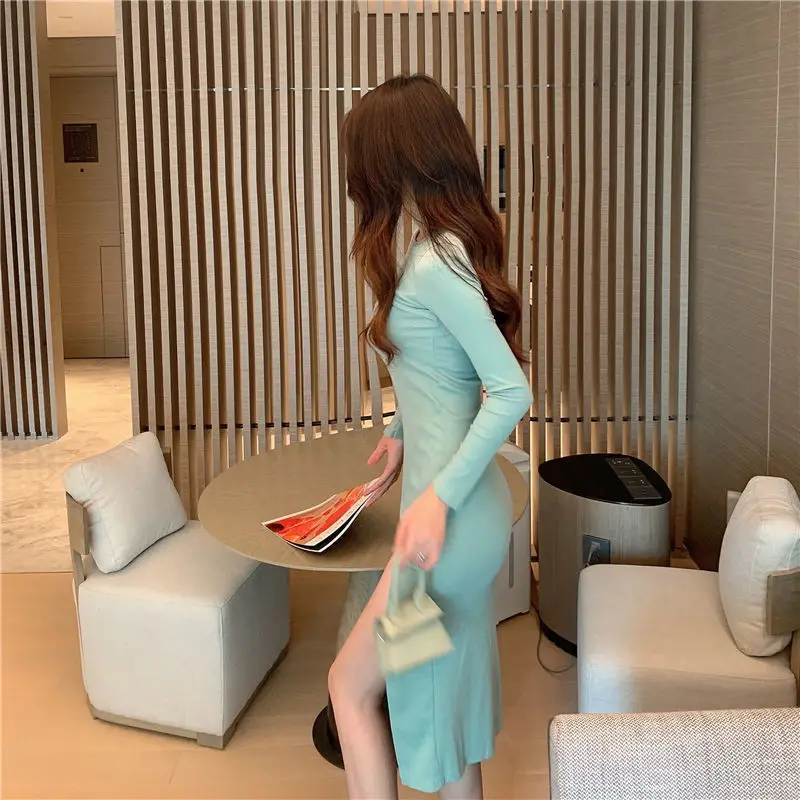 Sexy Slim Women Dress Long Sleeve Hollow Out Split Solid Temperament Bottoming Skirt Patchwork Female Dresses High Street