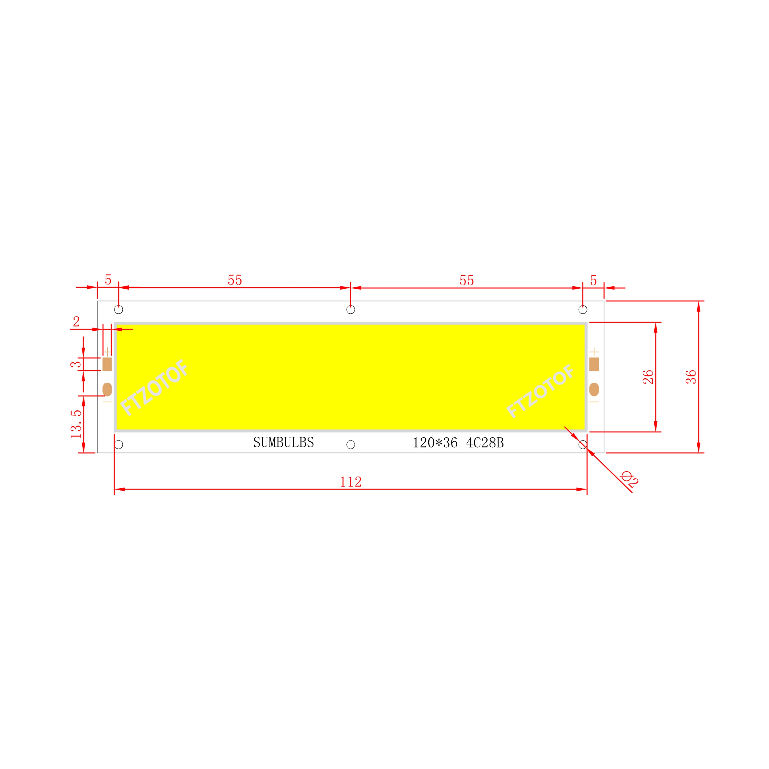 FTZOTOF COB LED Panel Chip Strip Light Source 120x36mm DC 12V 12W  5 Colors Module Emitting Diode for Indoor Lamps For DIY Bulbs