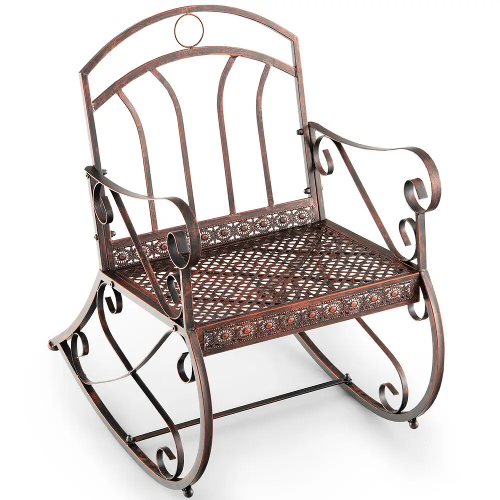 Costway Patio Rocking Chair Art Scroll Rocker Backrest Armrests Antique Copper Backyard