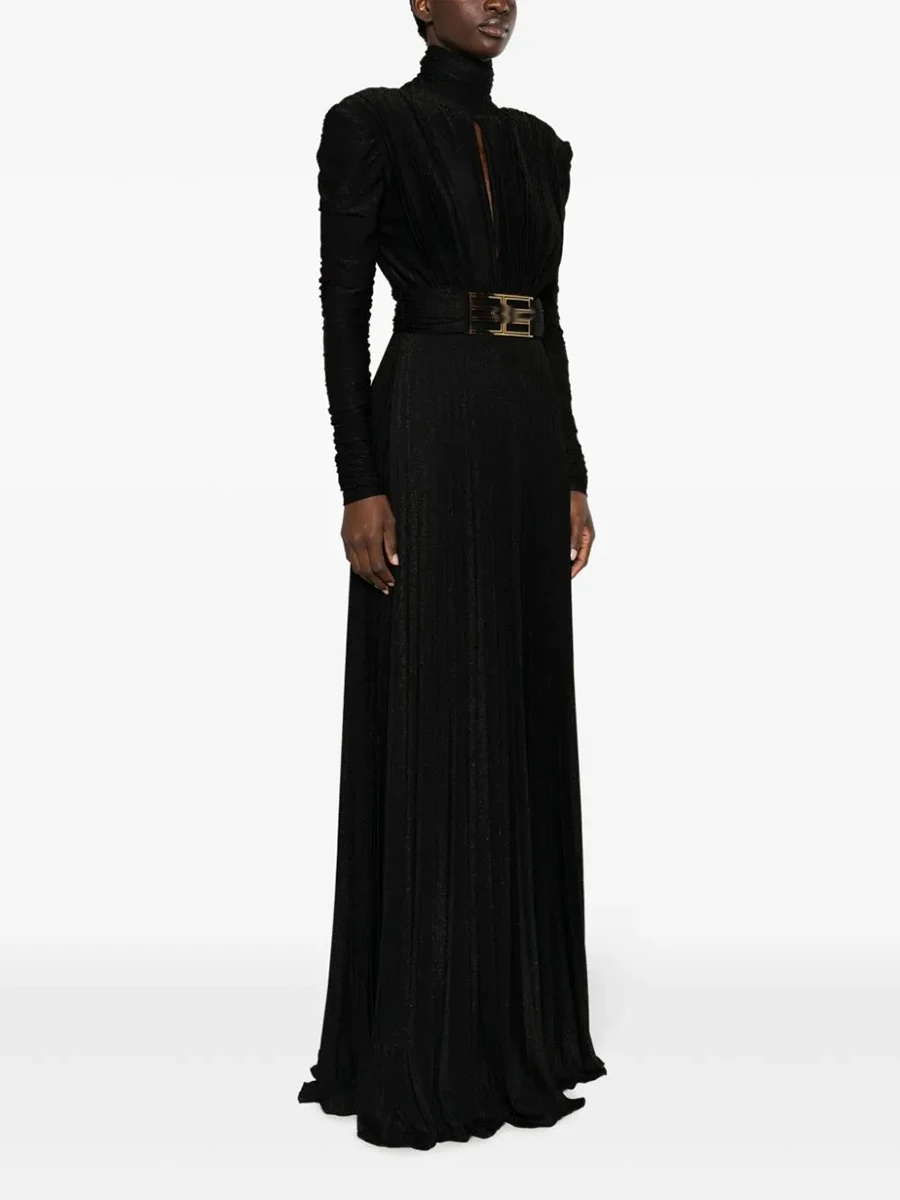 TWOTWINSTYLE Solid Spliced Belt Slimming Dresses For Women O Neck Long Sleeve High Waist Temperament Long Dress Female Clothes