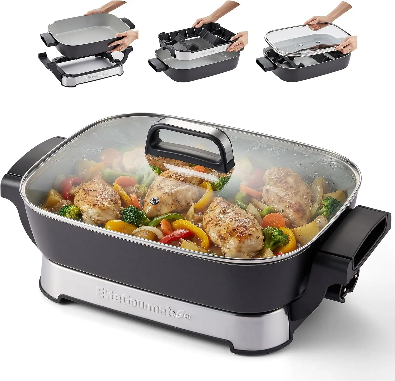 Ceramic Electric Skillet 1500W Black Gray Pfas Free Ceralast Coating Rapid Heat Up 15x12x3 Foldable Design Dishwasher Safe Pan L