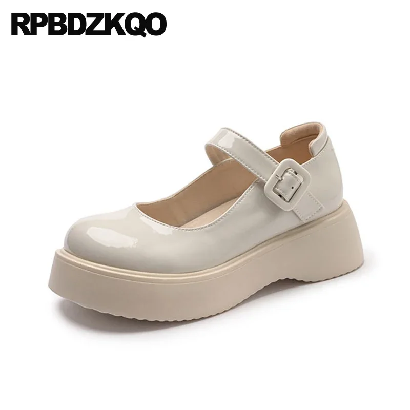 Thick Wedges Retro School Strap Women Creepers Shoes 34 Patent Leather Round Toe Mary Jane Buckle Pumps Muffin Flatforms Cowhide