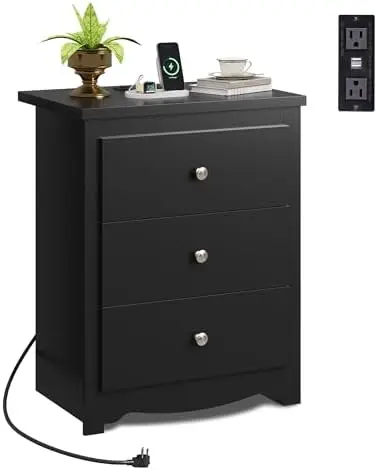 Tall Nightstand with Charging Station, Wood Night Stand with 3 Drawers Storage, Bedside Table End Side Tables with 2