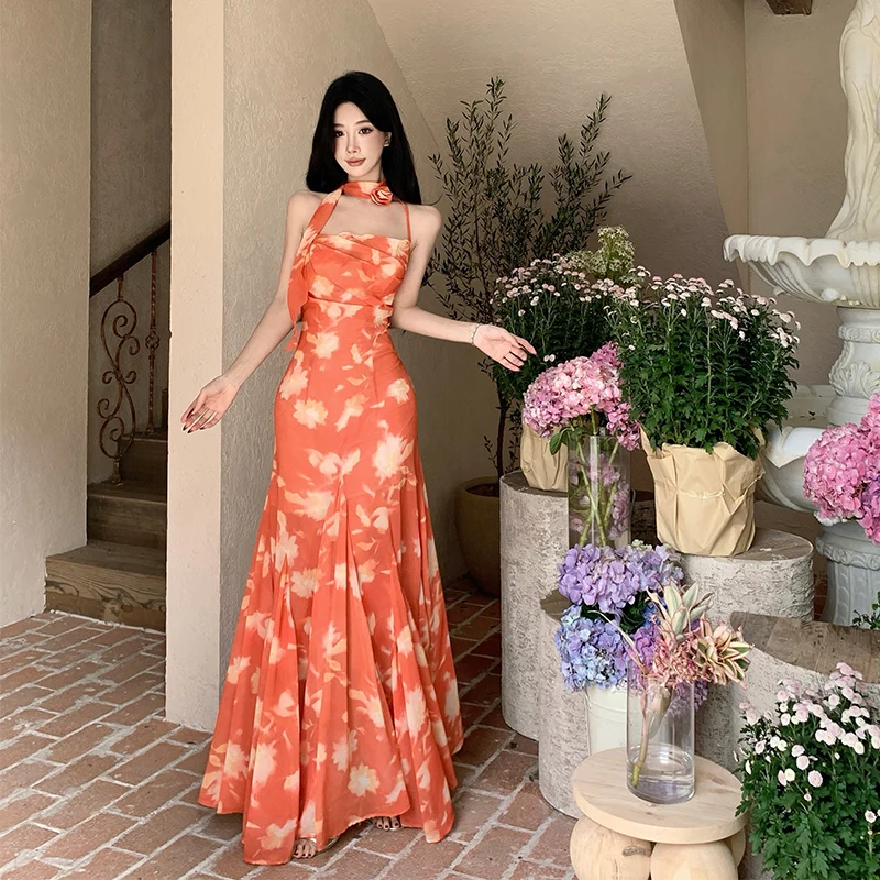 n Sle Maxi Dr Evening Orange Sunset Illusion Beach Vaion Abito da donna lungo fino al pavimento con sospensione floreale Ne De...
