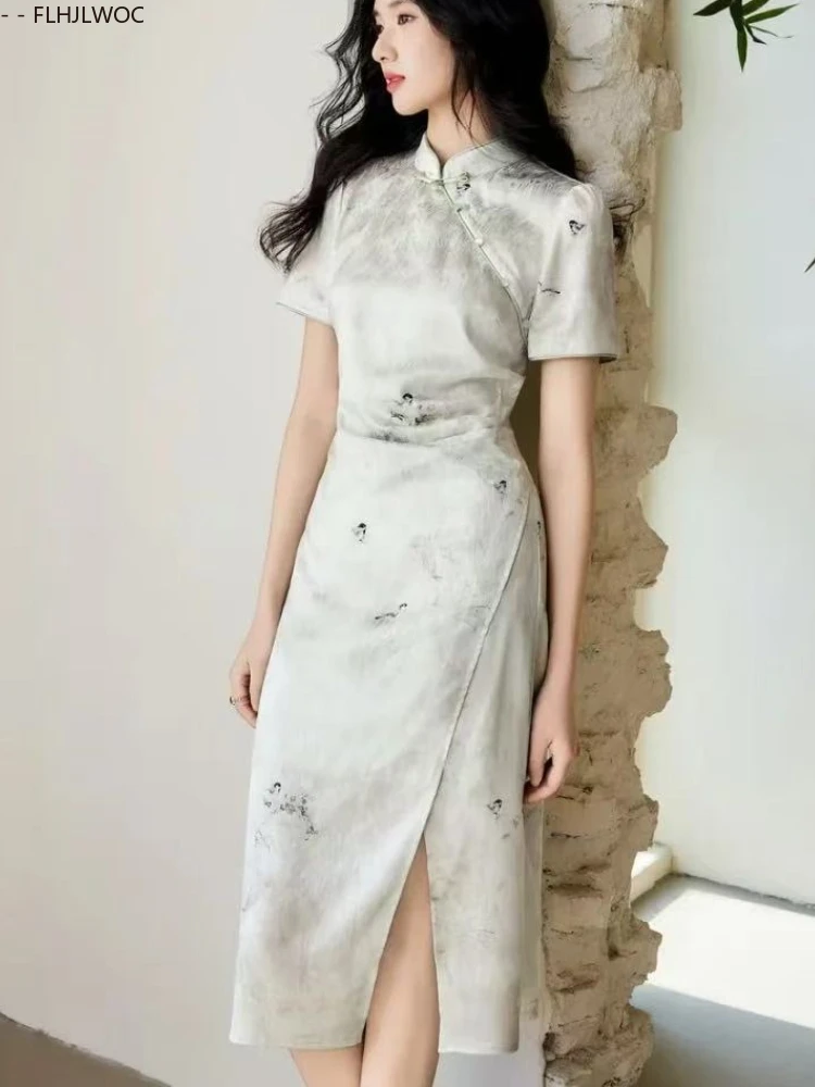 Cheongsams สไตล์จีนคอปกภาษาฝรั่งเศสคําออกแบบผู้หญิง Vestidos 2025 ฤดูร้อน Retro Vintage ปุ่มชุดเสื้อสีเขียว