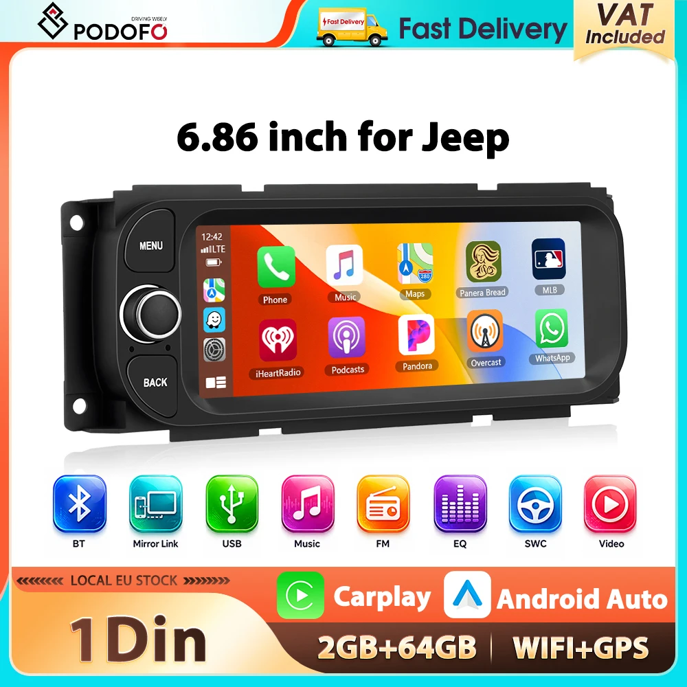 Podofo 2+64G 6.86'' Radio Samochodowe do Jeep Chrysler/Grand Cherokee/Dodge, Odtwarzacz Multimedialny z Carplay, Android Auto, WIFI, Nawigacja GPS, FM RDS, Stereo Samochodowe