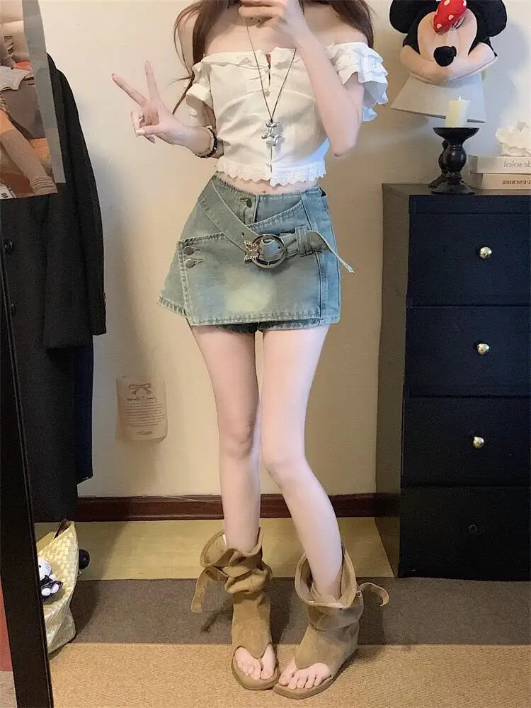 Sweet Cool Spicy American Style Fake Two-Piece Denim Skirt Women Summer Design Loose Slimming Half-Length Short Skirt