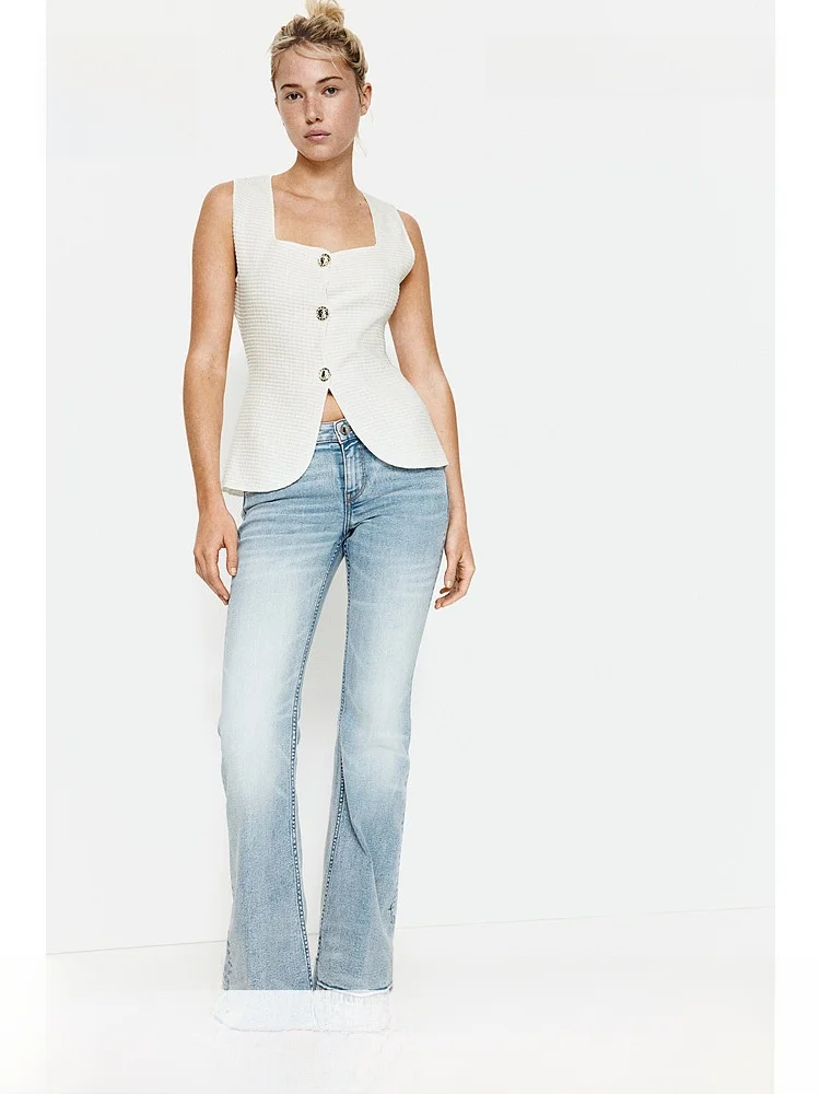 

H&M Women's Button-Up Slim Fit Texture Vest Square Collar Summer Casual Fashion Polyester Fiber 100% Spring New Arrival