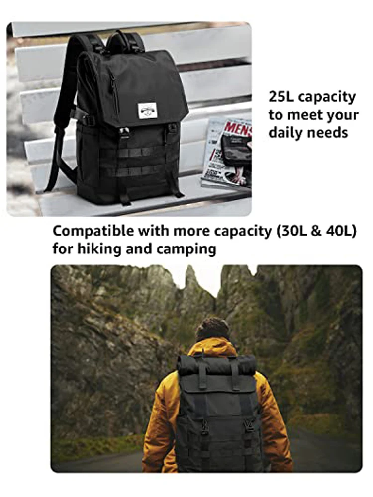 Roll Top Backpack for Men, Water Resistant Expandable, 17.3 inch Laptop Backpack for Commute Travel, 40 Max Liter Rucksack