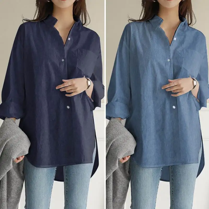 

Autumn Asymmetric Top Women Casual Long irt SVE Blusas Commute Sle Long Sve Mid-Length Pure Color Faion Blouse