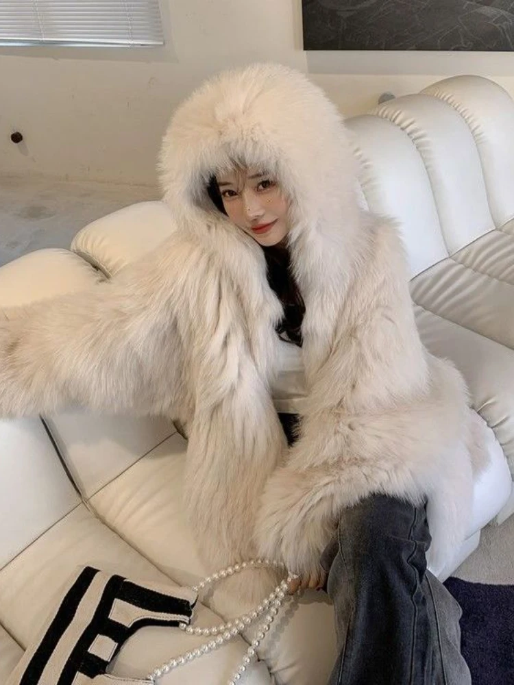 Simulation Fox Fur Double-Sided Woven Fur Coat For Women 2024 Winter New Fashion Thick Dense Warm Hooded False Fur Coat Female