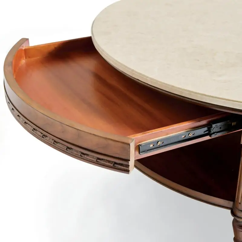 French Vintage Handmade Decorative Durable Marble Top Oak Round Coffee Table Living Room Furniture