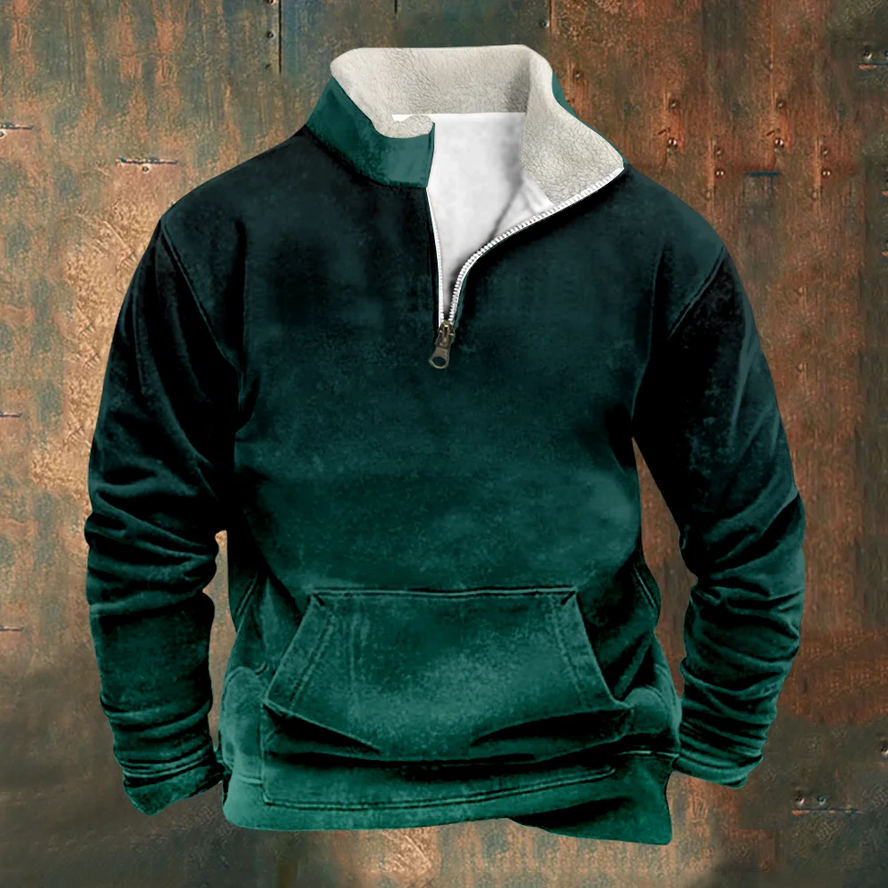 

Patchwork Men's Sweatshirt Vintage Dark green Sweatshirts Long Sleeve Stand Collar Zipper Casual Pullovers