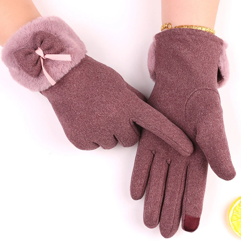 Winter Female Cashmere Warm Suede Leather Cycling Mittens Double Thick Velvet Plush Wrist Women Touch Screen Driving Gloves