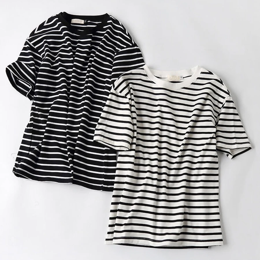 WAVLATII New Women Soft Oversize T shirts Female Light Fashion Striped Cotton Casual Short Sleeve Tees Tops for Summer WT2469