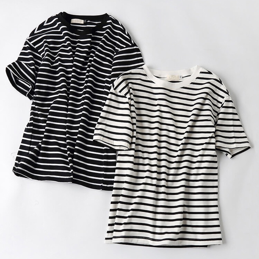  WAVLATII New Women Soft Oversize T shirts Female Light Fashion Striped Cotton Casual Short Sleeve Tees Tops for Summer WT2469 
