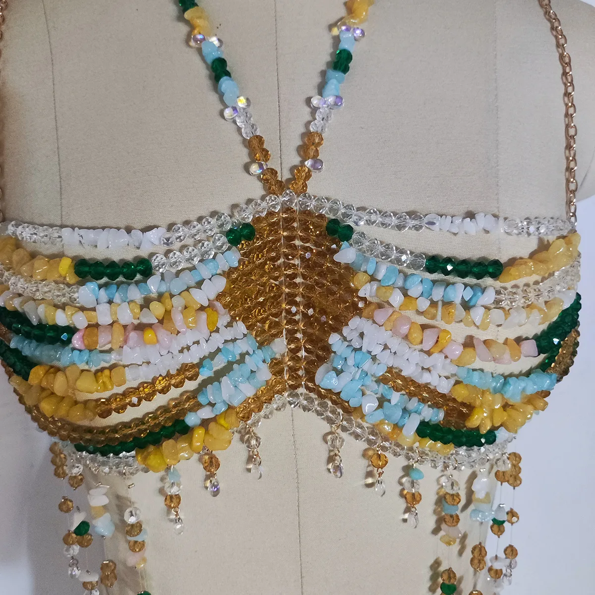 2025 New Handmade Sexy Colorful Stone Beaded Tank Top Beach Vacation Music Festival Party With Bra Chain Bead Bras