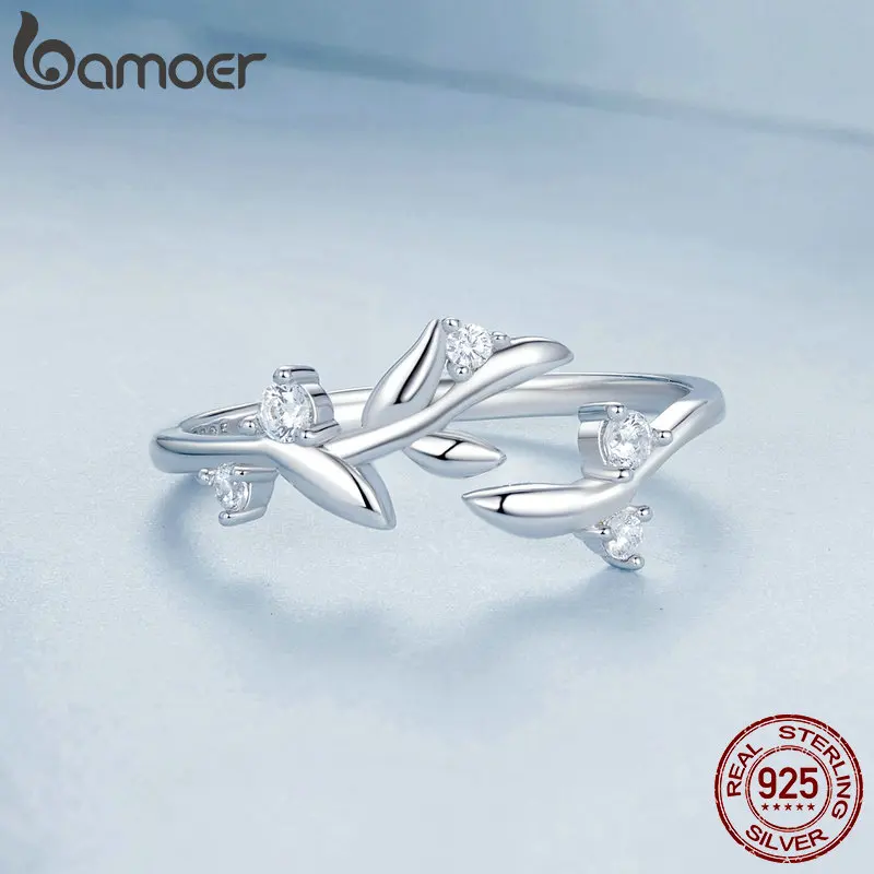 Bamoer 100% 925 Sterling Silver Leaf Plant Original Design Adjustable Open Ring For Women Fine Jewelry Mothers Day Gift