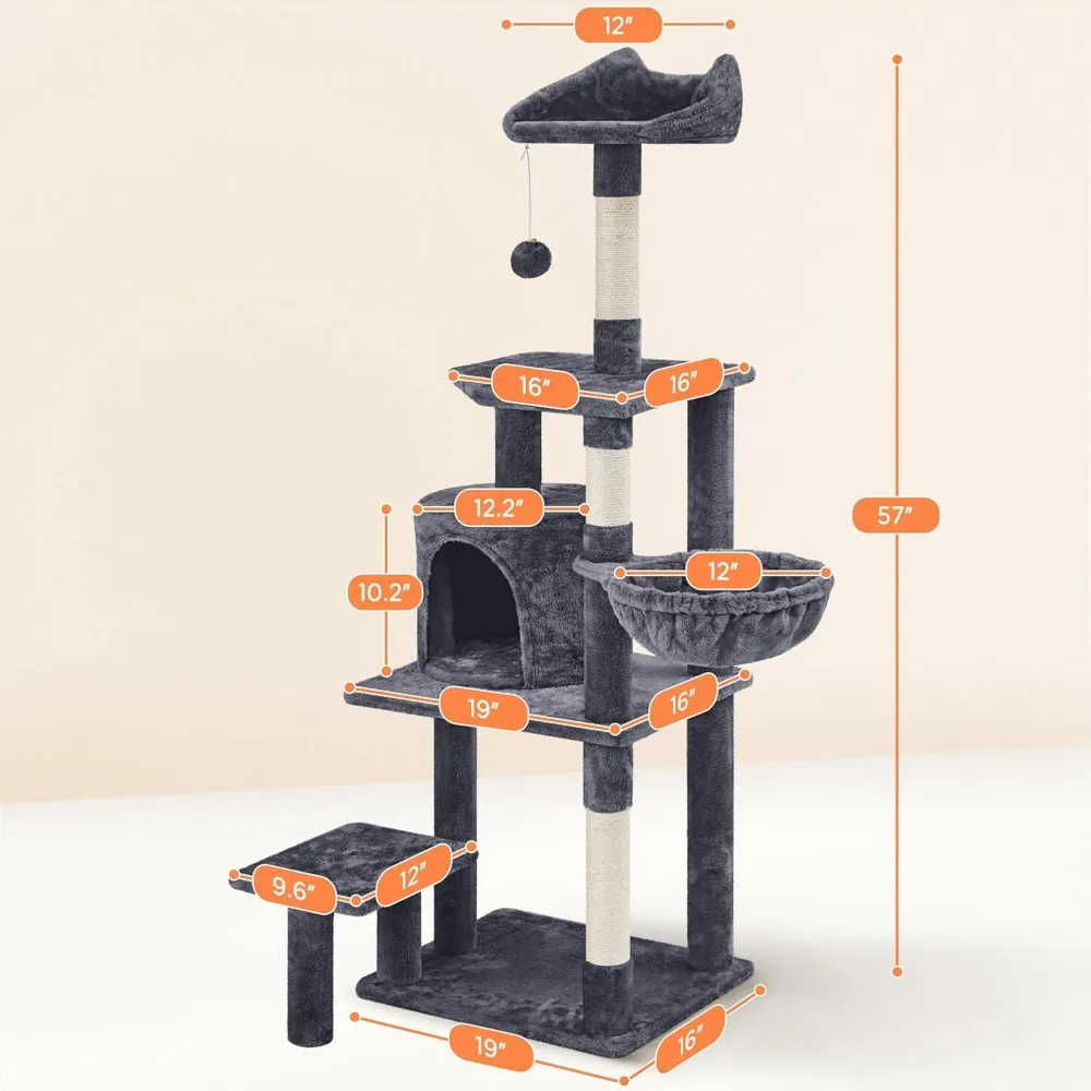 57in Multi-Level Cat Tree Tower with Extended Platform, Padded Perch, Scratching Posts & Ball for Large Cats