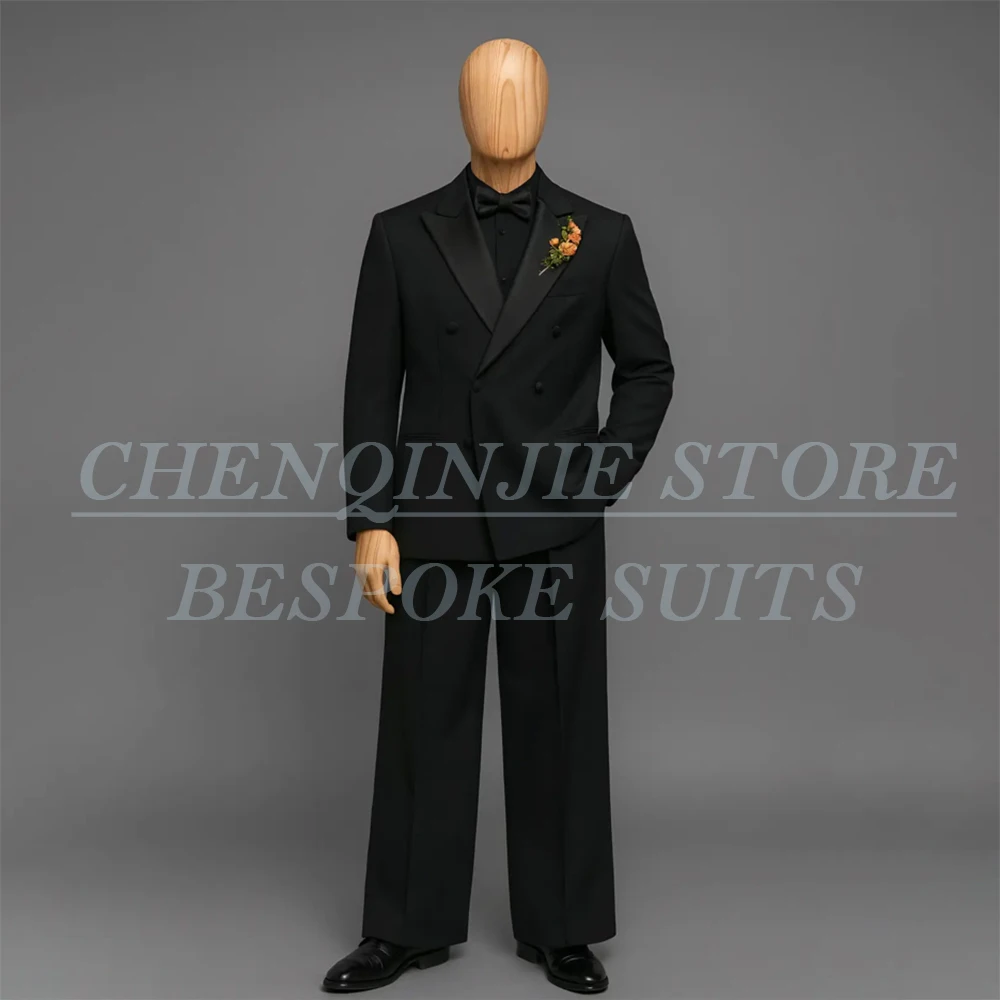 

Высококачественные черные мужские костюмы: модный двубортный пиджак с острыми лацканами, индивидуальный пошив мужской одежды