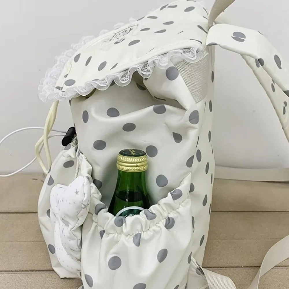 Polka Dot Pattern Drawstring Backpack Lace Trim Large Capacity Laptop Backpack Adjustable Drawstring Angel Wings Travel Backpack