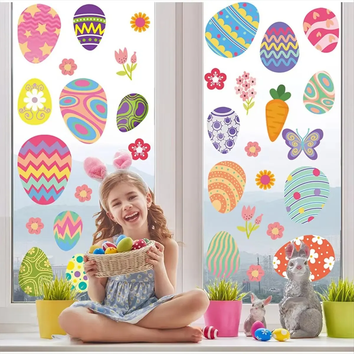 ABJS Easter Colorful Eggs Window Stickers Spring Flowers Butterfly Carrot Static Wall Decals New Showcase Glass Decoration