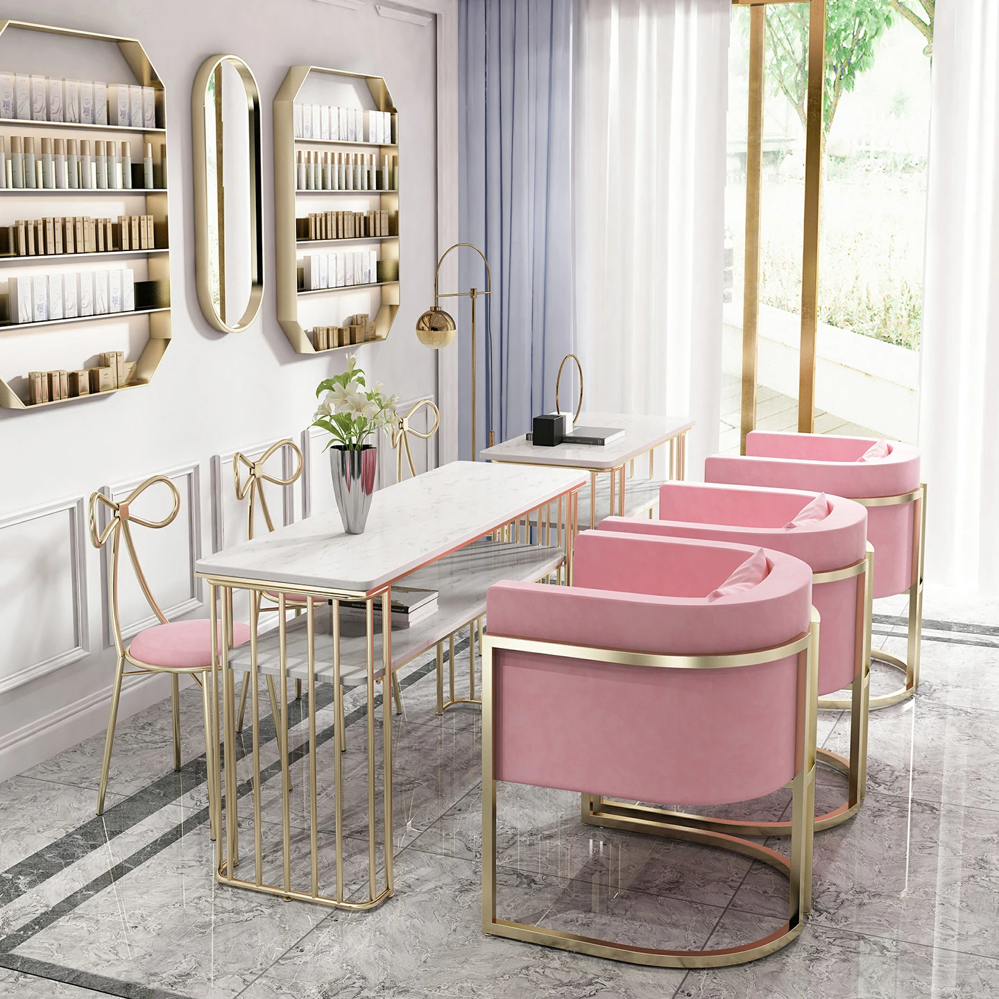 

Nordic wrought iron double-layer marble manicure table and chair set Internet celebrity sofa chair single double