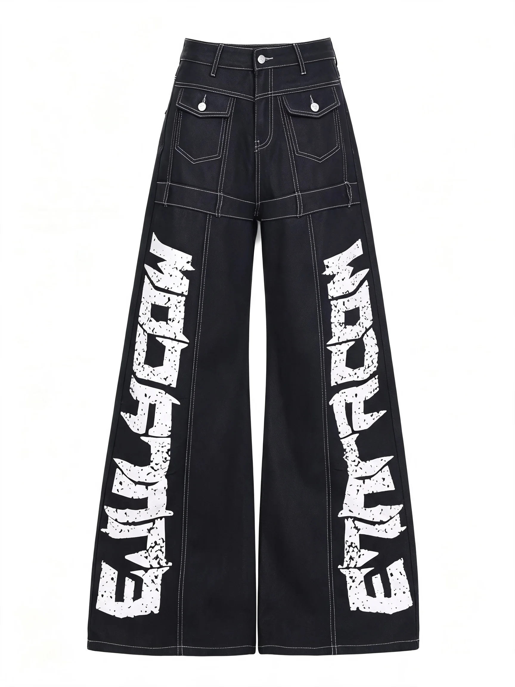 Y2K Punk Wide Leg Jeans for Women Vintage Distressed Letter Print Baggy Denim Pants High Waist Streetwear Hip Hop Loose Trousers