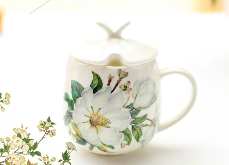 410ML, camellia painting, bone china personalized mugs, european cups mugs ceramic, pocelain coffee cup with lip and spoon, tea