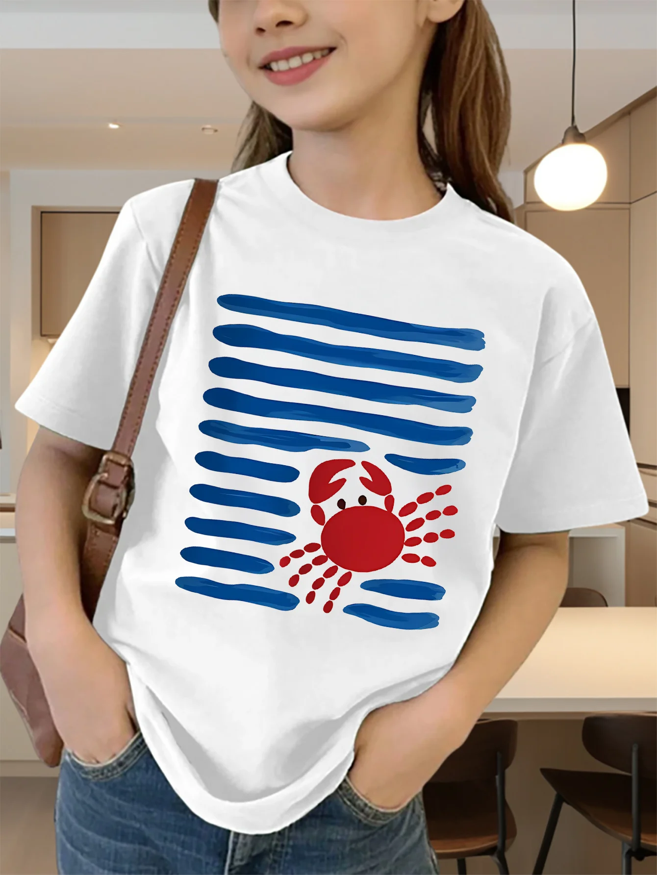 Cartoon Crab Blue Stripe Print Boys Girls T Shirt Ocean Style Kids Tee Parent Child Matching Casual Summer Family Daily Tops