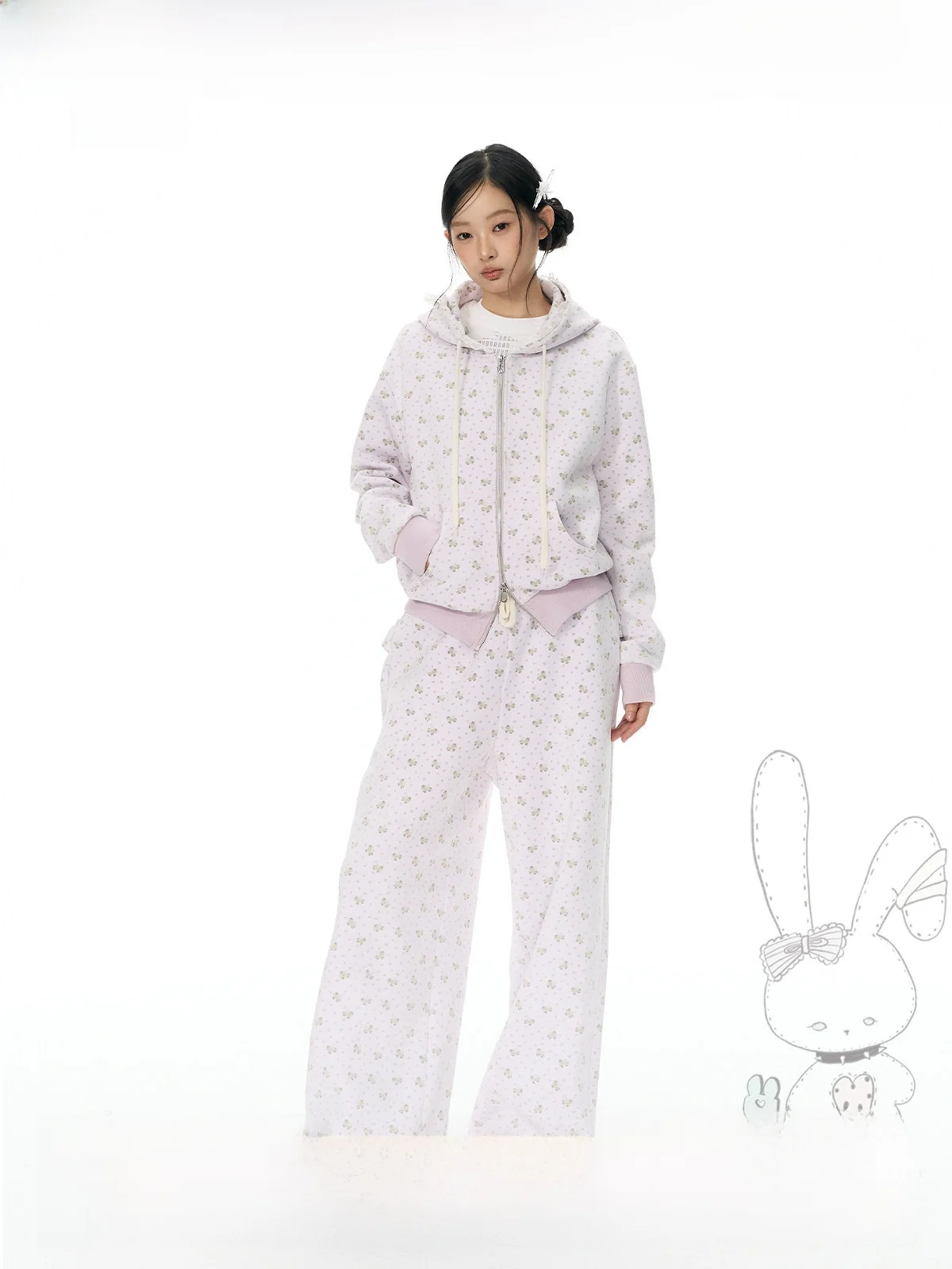 Original YUPH  Print Floral Purple Lazy Style Zipper Hoodie Jacket Women's Sweet Style Versatile Cotton Polyester Blend