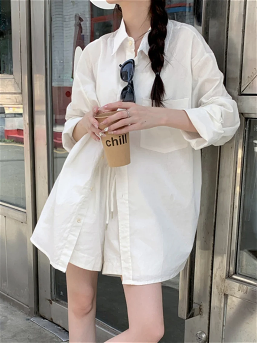 Alien Kitty 2024 Minimalist Office Lady Suits Women Solid Loose Shirts All Match Fashion Summer Casual Wide Leg Shorts Sets