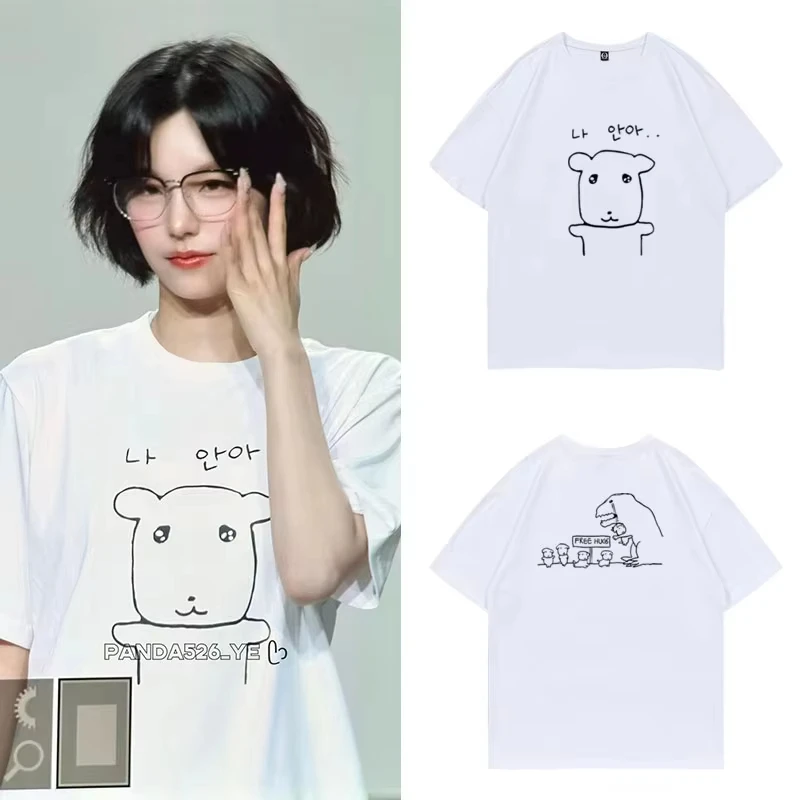 Korean Cute Bear Print T-shirt Minimalist Hand Drawn Cartoon Korean Letter Graphic Cotton Loose Short Sleeve Women Casual Tee