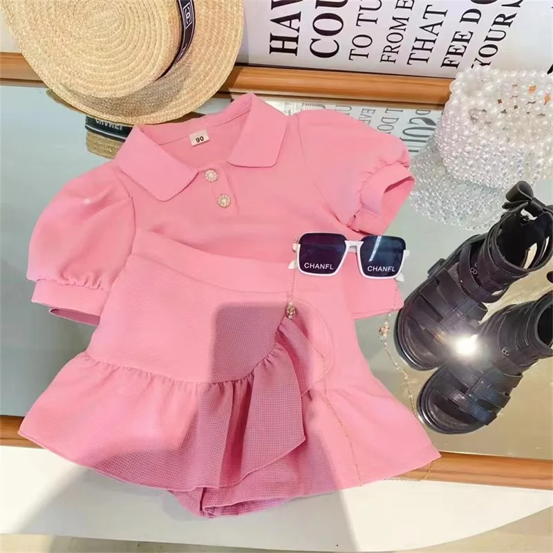 2024 Summer Puff Sleeved Short Sleeved Shirt+Short Skirt 2Pcs Kid Clothes Children Girl Suit For 2-6 Years Kids Outfits