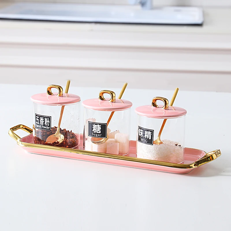 Nordic Ceramic Seasoning Pot Dark Green Gold Pattern Kitchen Storage Box Table Decoration Glass Jars and Lids