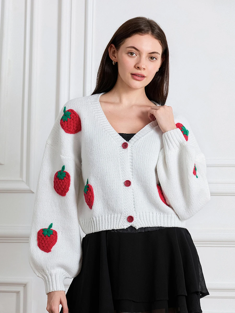 Women Long Sleeve Open Front Fruit Knitted Crop Cardigan Fashion V Neck Button Down Cable Knit Sweaters Cute Casual Jumpers Top