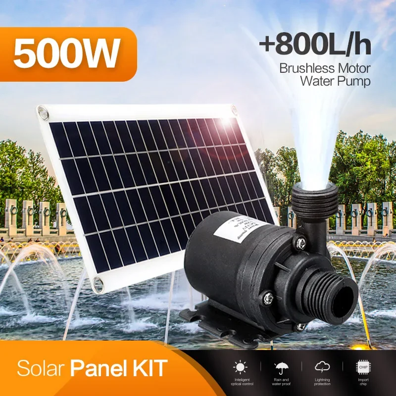 

500W 800L/H Solar Panel 12V Brushess Set Ultra-quiet Submersble Water Pump Motor Fish Pond Fountain Powered Garden Decorations