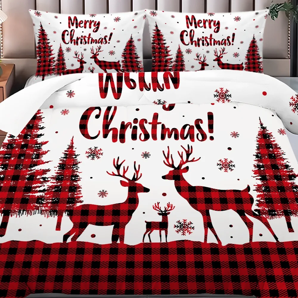 Bedding Set Marry Christmas Tree Deer Print Cozy Duvet Cover King Queen Single Size for Home New Year Christmas Bedroom Decor