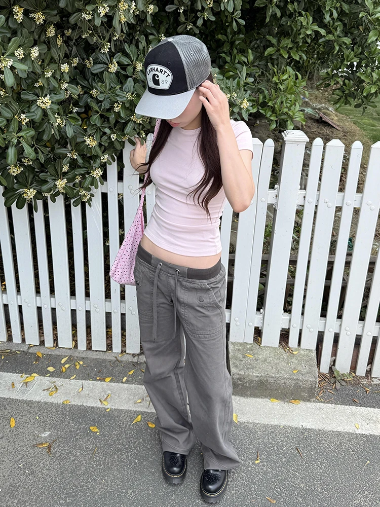 REDDACHiC Drawstring Cargo Jeans for Women Vintage Korea Relaxed Fit Low Waist Patchwork Bootcut Denim Trousers Y2K Acubi Fahion