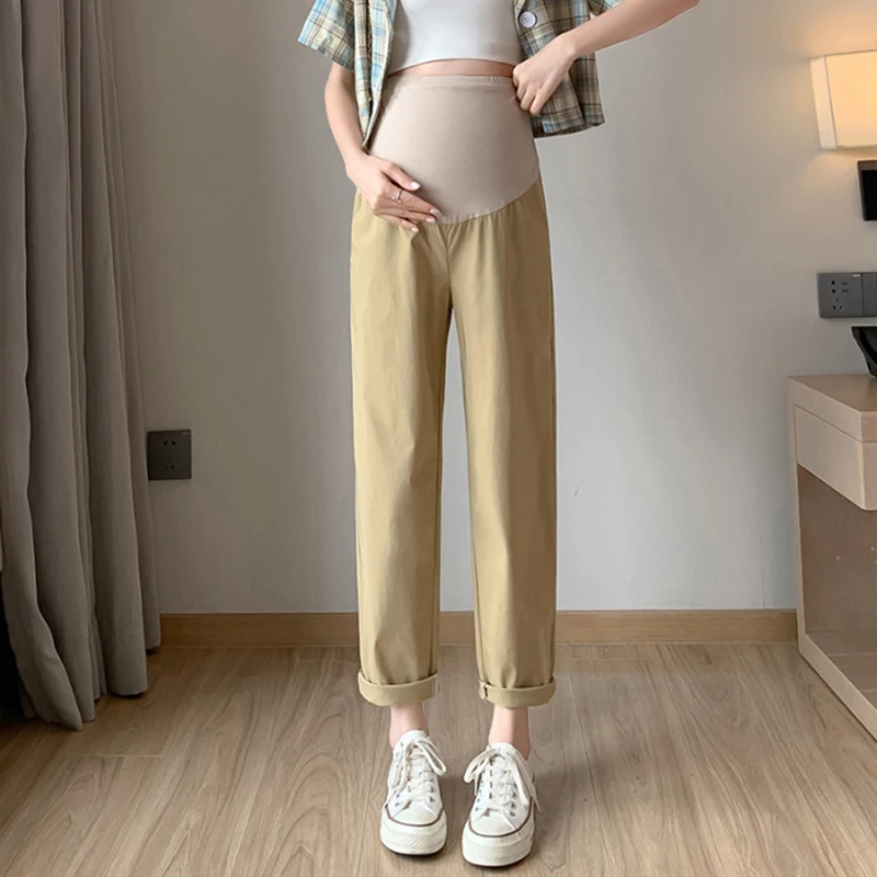 ハイウエストマタニティパンツ春夏薄い弾性ウエストズボン服妊婦腹オフィスウェア妊娠服