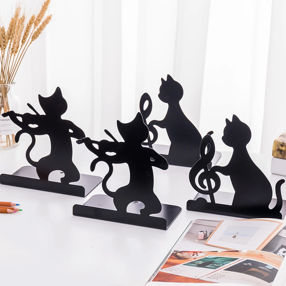 

2pcs Iron Bookends Cat Design Heavy Duty Book Supports For Shelves Office Home School Anti-Slip Scratch Resistant Powder Coated