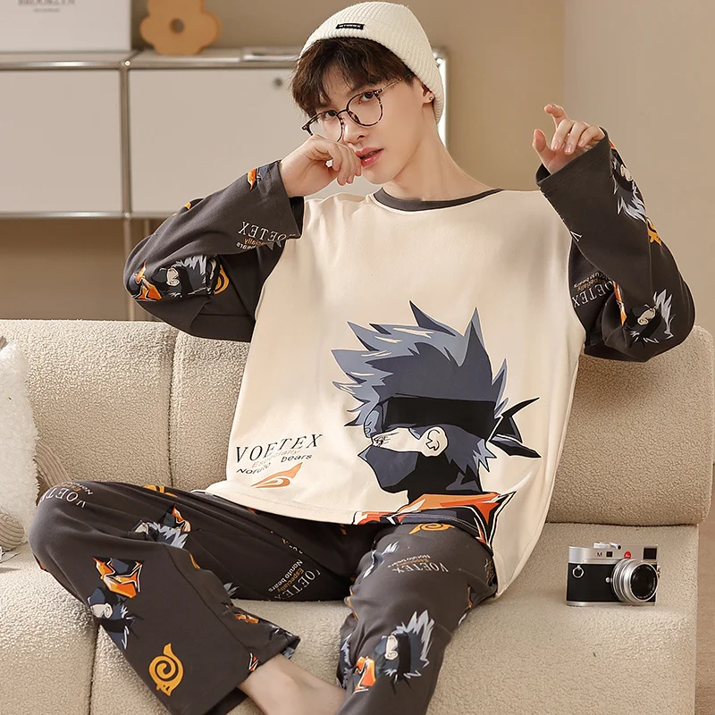 Naruto pure cotton long-sleeved trousers two-piece set anime cartoon men\'s pajamas silk pajamas men\'s pajamas pants set