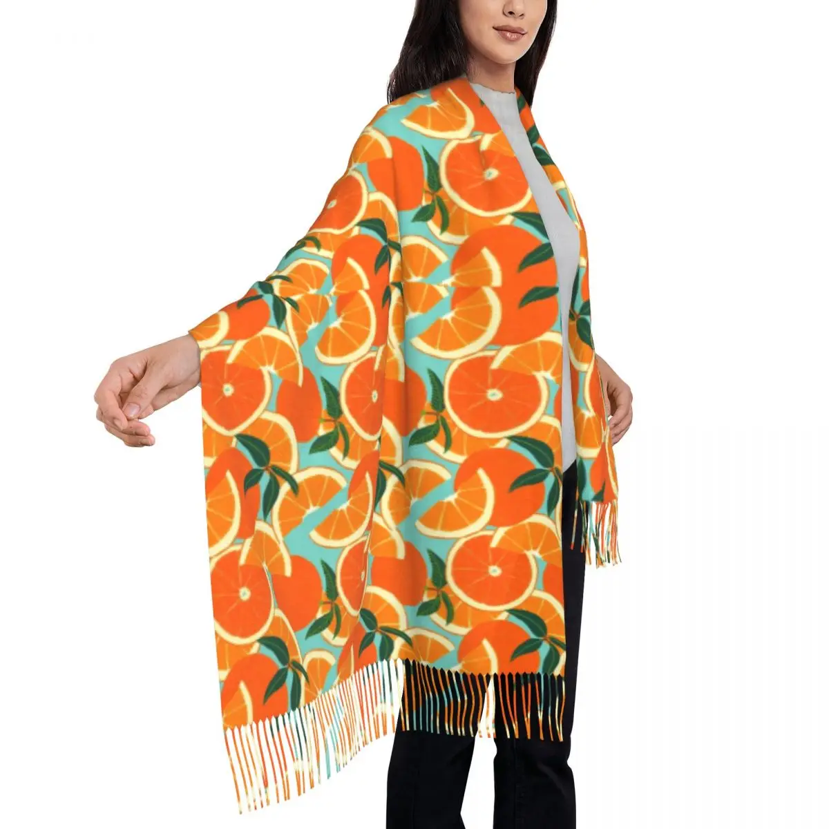 

Oranges Harvest Scarf with Long Tassel Fruit Green Leaf Print Shawls and Wraps Female Scarves Wraps Autumn Retro Bufanda Mujer