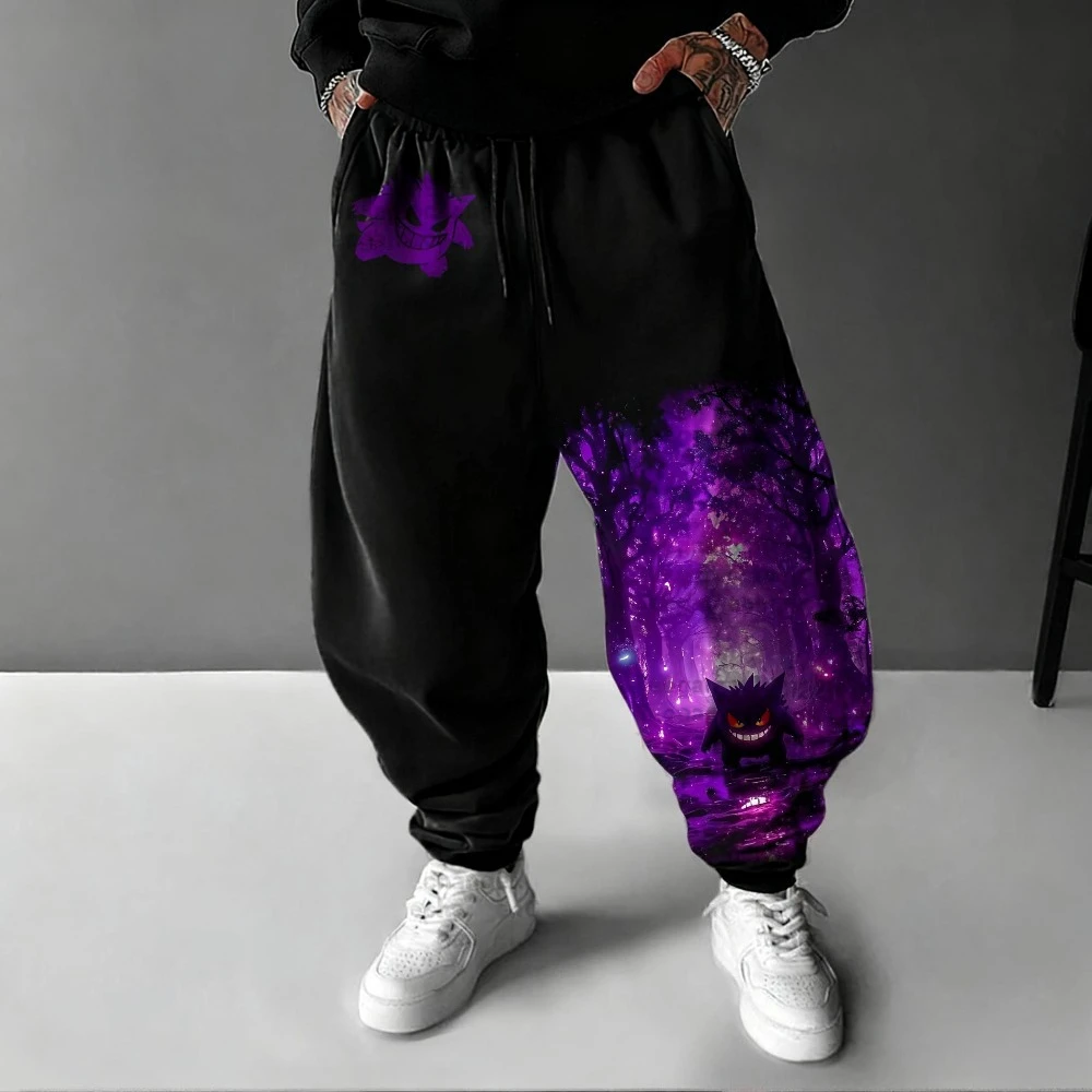 Pokémon genuino Gengar pantalones de chándal estampados pintados a mano Otoño e Invierno pantalones de Hip Hop holgados informales americanos con cordón para hombres