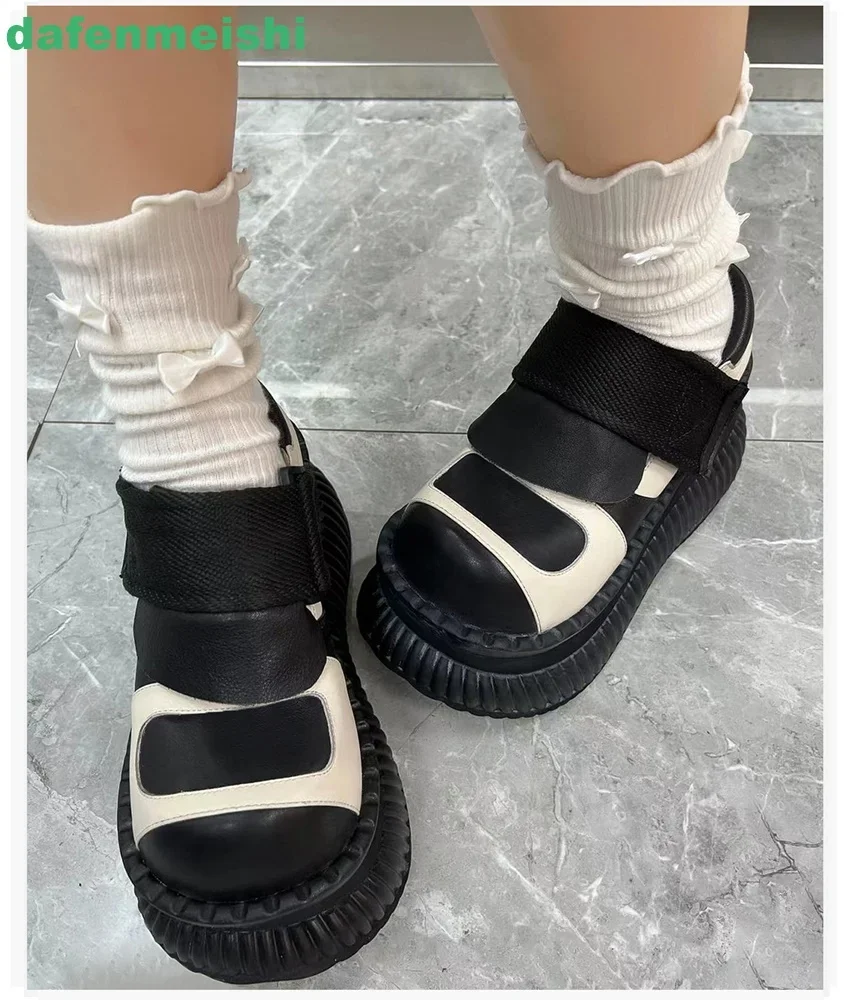 

Thick Sole Heightening Women Casual Shoes Genuine Leather Round Toe Black Mixed Color Wedges Soft Sole Platform Shoes