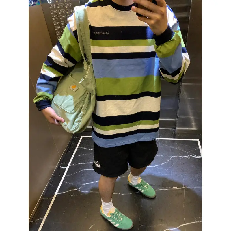 

Мужская толстовка в американском ретро-стиле с полосками, свободного кроя, с круглым вырезом, на осень-зиму, повседневная, плотная, теплая