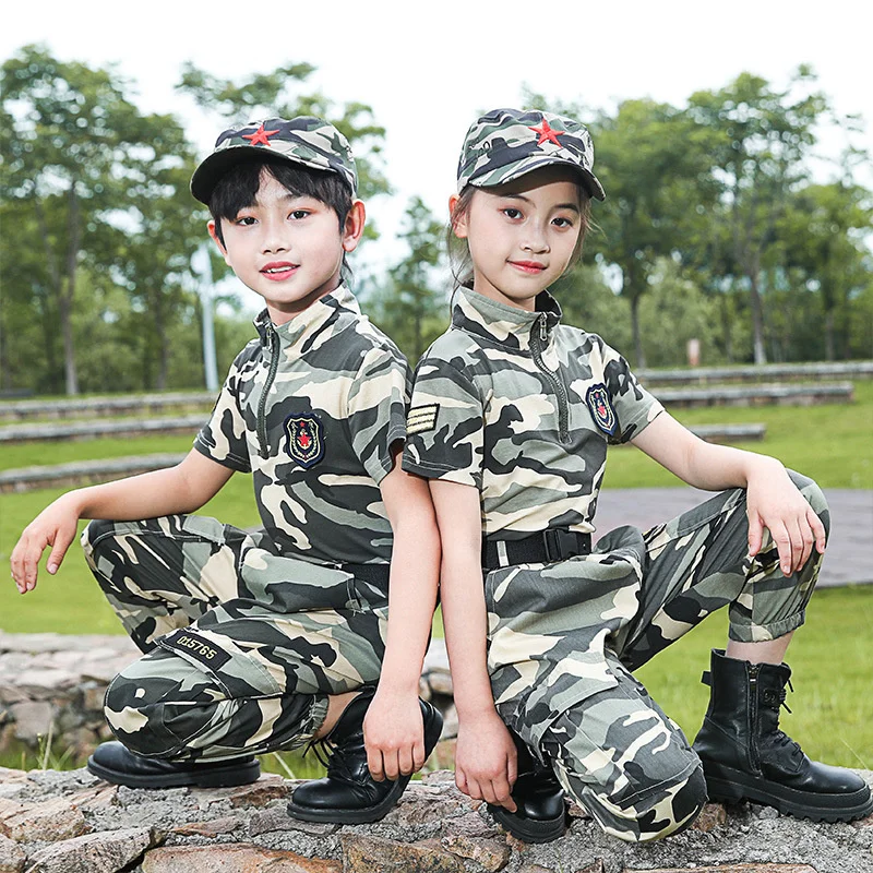 Vêtements d'entraînement militaire à manches courtes pour enfants, spectacle rond de police et de soldats, école primaire